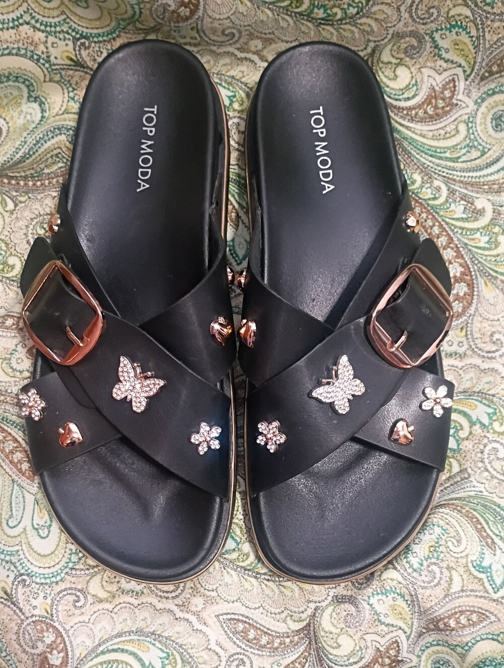 TOP Moda Black Slide Sandals with Rose Gold Embellishments